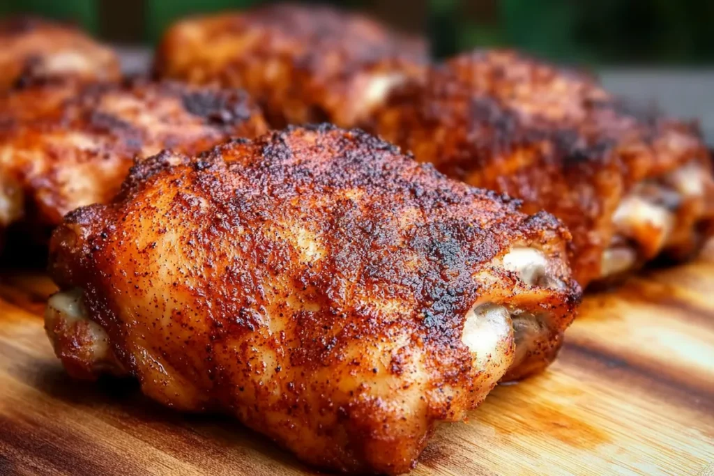 Smoked chicken thighs on a grill at the perfect temperature for juicy and tender results