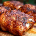 Smoked chicken thighs on a grill at the perfect temperature for juicy and tender results